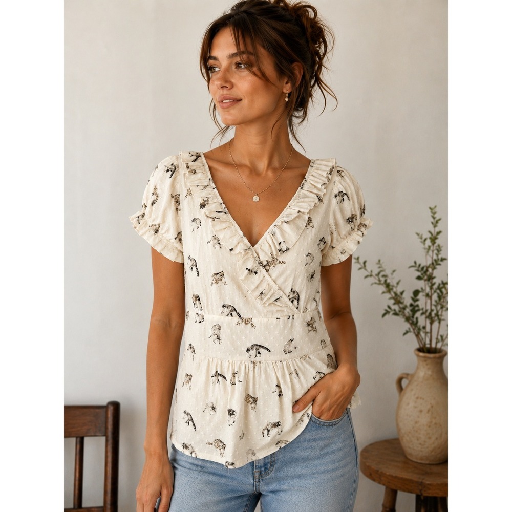 Anthropologie Raccoon Print Cotton Cottagecore Blouse Small